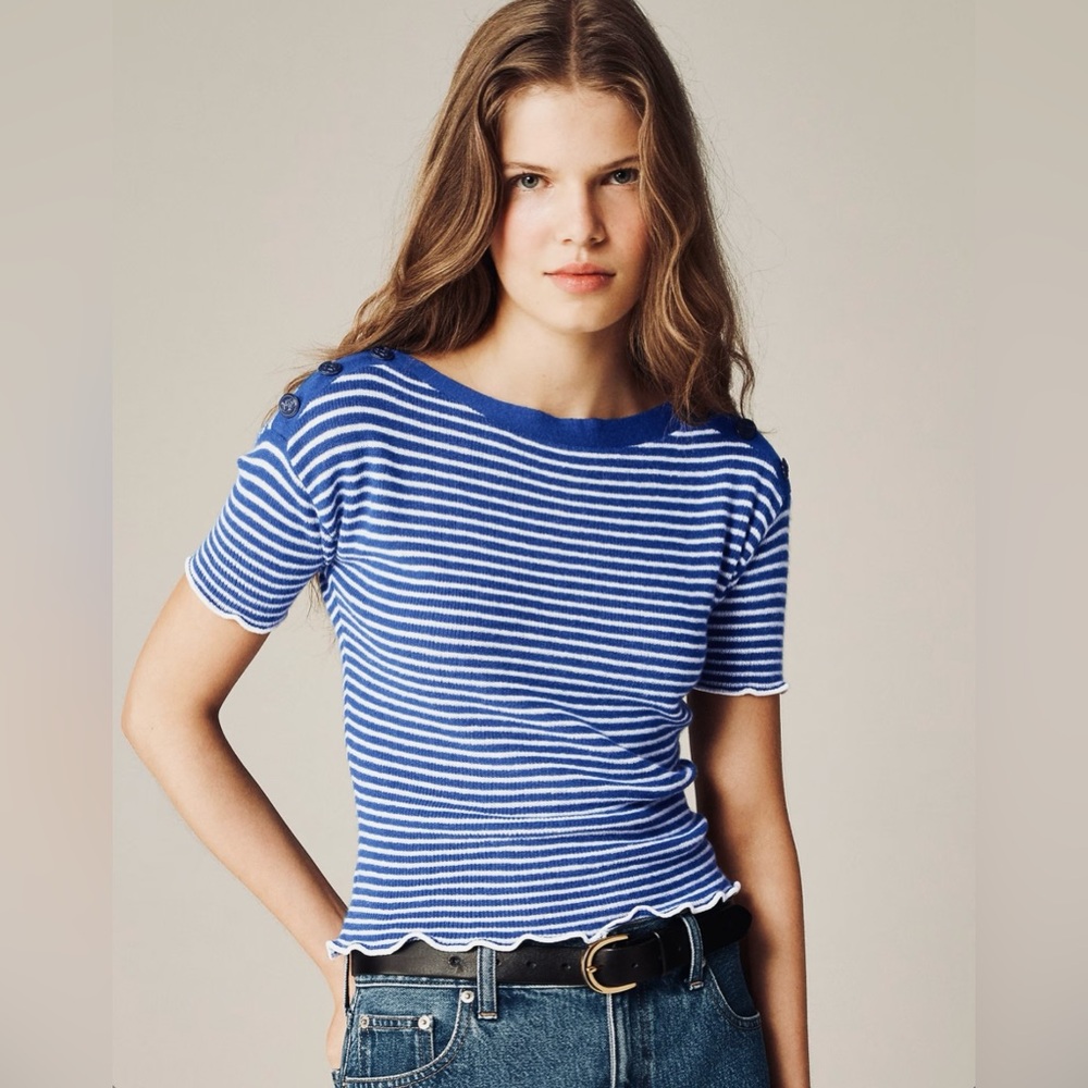 NWT J. Crew Featherweight Cashmere Ruffle Trim T-Shirt Short-Sleeve Sweater